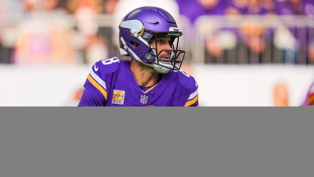 Oct 8, 2023; Minneapolis, Minnesota, USA; Minnesota Vikings quarterback Kirk Cousins (8) drops back to pass against the Kansas City Chiefs in the first quarter at U.S. Bank Stadium.